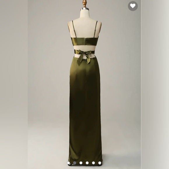 Spaghetti Straps Cut Out Olive Long Bridesmaid Dress - Picture 2 of 2